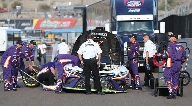Race-winning No. 11 of Denny Hamlin passes post-race inspection at Phoenix