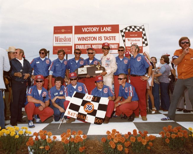 CHARLOTTE, NC - OCTOBER 5, 1975: Richard Petty and his Petty Enterprises team enjoy victory lane after PettyÕs win in the National 500 NASCAR Cup race at Charlotte Motor Speedway. (Photo by ISC Images & Archives via Getty Images)