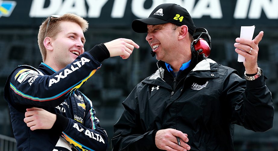 DAYTONA BEACH, FL - FEBRUARY 10:  William Byron, driver of the #24 Axalta Chevrolet, talks with crew chief Chad Knaus during qualifying for the Monster Energy NASCAR Cup Series 61st Annual Daytona 500 at Daytona International Speedway on February 10, 2019 in Daytona Beach, Florida.  (Photo by Sean Gardner/Getty Images) | Getty Images