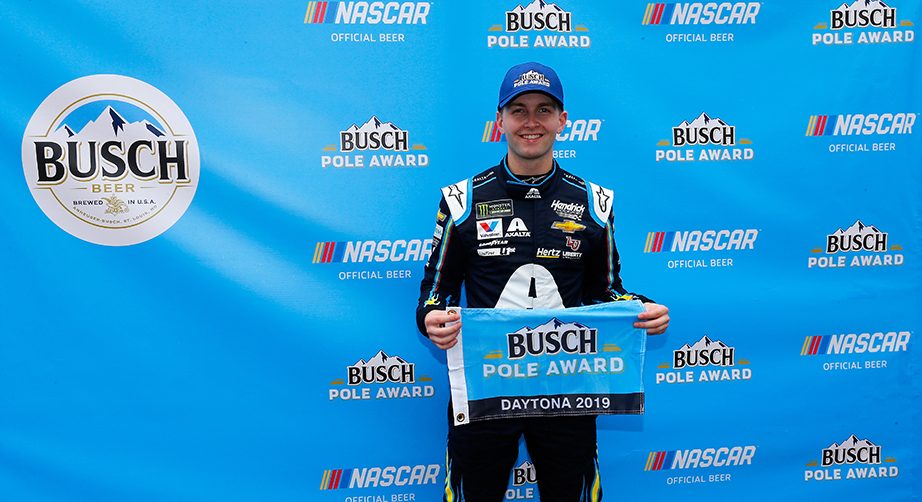 DAYTONA BEACH, FL - FEBRUARY 10:  William Byron, driver of the #24 Axalta Chevrolet, poses for a photo after winning the pole award during qualifying for the Monster Energy NASCAR Cup Series 61st Annual Daytona 500 at Daytona International Speedway on February 10, 2019 in Daytona Beach, Florida.  (Photo by Jonathan Ferrey/Getty Images) | Getty Images