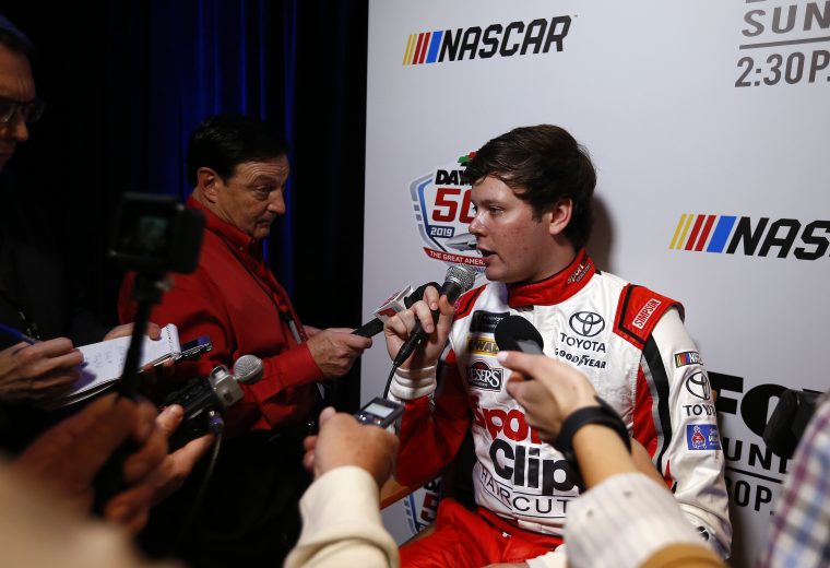 DAYTONA BEACH, FLORIDA - FEBRUARY 13: Erik Jones speaks to the media during the Monster Energy NASCAR Cup Series 61st Annual Daytona 500 Media Day at Daytona International Speedway on February 13, 2019 in Daytona Beach, Florida. (Photo by Jonathan Ferrey/Getty Images) | Getty Images