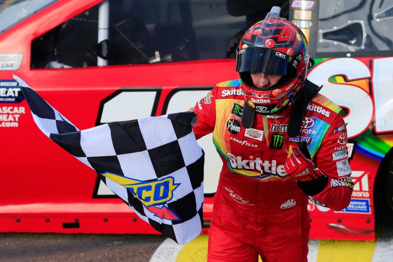 AVONDALE, AZ - MARCH 10: Kyle Busch, driver of the #18 Skittles Toyota, celebrates winning the Monster Energy NASCAR Cup Series TicketGuardian 500 at ISM Raceway on March 10, 2019 in Avondale, Arizona. (Photo by Daniel Shirey/Getty Images) | Getty Images