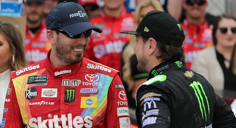 BRISTOL, TN - APRIL 07: Kurt Busch, driver of the #1 Monster Energy Chevrolet, congratulates Kyle Busch, driver of the #18 Skittles Toyota, in Victory Lane after winning the Monster Energy NASCAR Cup Series Food City 500 at Bristol Motor Speedway on April 7, 2019 in Bristol, Tennessee. (Photo by Donald Page/Getty Images) | Getty Images