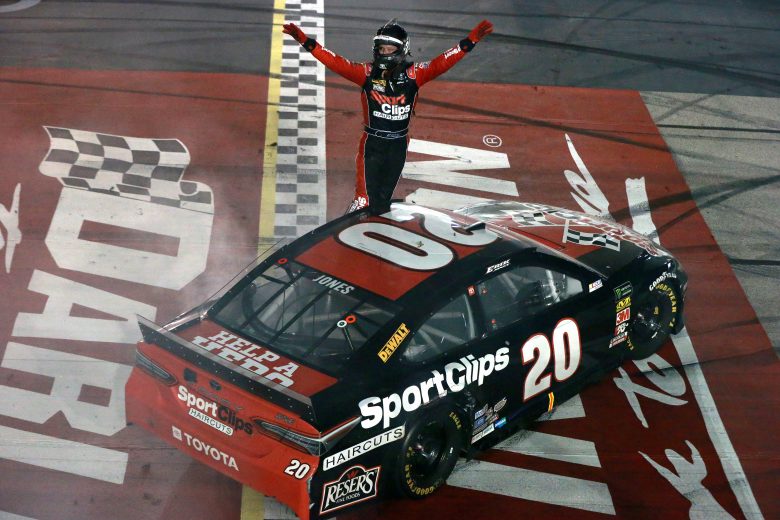 DARLINGTON, SOUTH CAROLINA - SEPTEMBER 02: Erik Jones, driver of the #20 Sport Clips Throwback Toyota, celebrates after winning the Monster Energy NASCAR Cup Series Bojangles' Southern 500 at Darlington Raceway on September 02, 2019 in Darlington, South Carolina. (Photo by Sean Gardner/Getty Images) | Getty Images