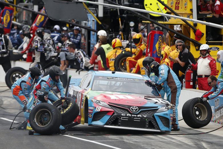 INDIANAPOLIS, INDIANA - SEPTEMBER 08: Kyle Busch, driver of the #18 M&M's Toyota, pits during the Monster Energy NASCAR Cup Series Big Machine Vodka 400 at the Brickyard at Indianapolis Motor Speedway on September 08, 2019 in Indianapolis, Indiana. (Photo by Brian Lawdermilk/Getty Images) | Getty Images