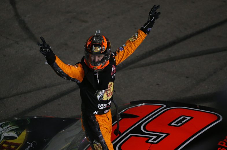 LAS VEGAS, NEVADA - SEPTEMBER 15: Martin Truex Jr., driver of the #19 Bass Pro Shops Toyota, celebrates after winning the Monster Energy NASCAR Cup Series South Point 400 at Las Vegas Motor Speedway on September 15, 2019 in Las Vegas, Nevada. (Photo by Matt Sullivan/Getty Images) | Getty Images