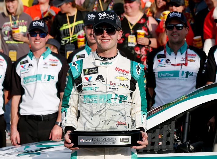 CHARLOTTE, NORTH CAROLINA - SEPTEMBER 27: William Byron, driver of the #24 UniFirst Chevrolet, poses with the Pole Award after qualifying for the Monster Energy NASCAR Cup Series Bank of America ROVAL 400 at Charlotte Motor Speedway on September 27, 2019 in Charlotte, North Carolina. (Photo by Brian Lawdermilk/Getty Images) | Getty Images