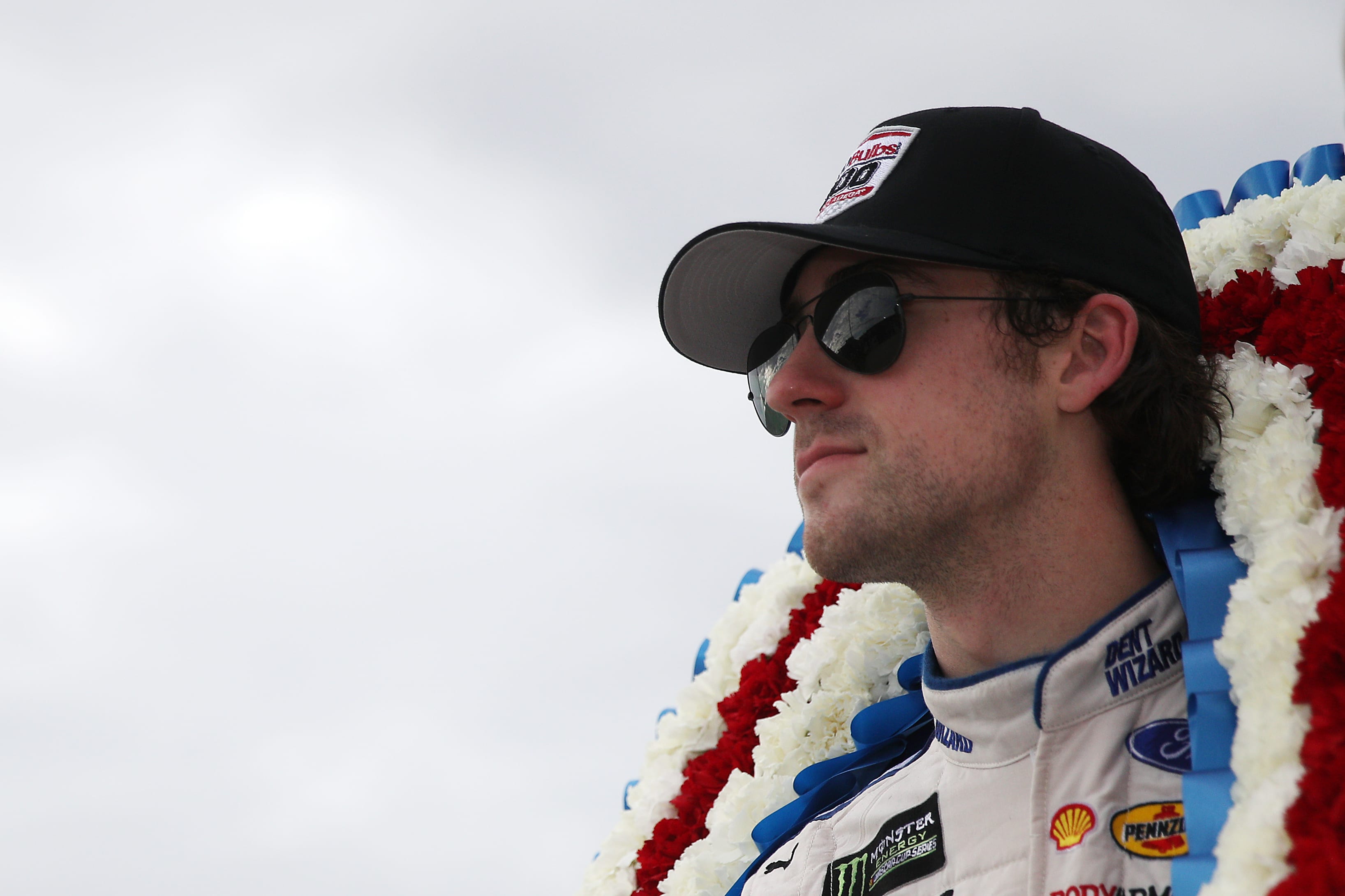 TALLADEGA, ALABAMA - OCTOBER 14: Ryan Blaney, driver of the #12 Dent Wizard Ford, celebrates in Victory Lane after winning the Monster Energy NASCAR Cup Series 1000Bulbs.com 500 at Talladega Superspeedway on October 14, 2019 in Talladega, Alabama. (Photo by Chris Graythen/Getty Images) | Getty Images