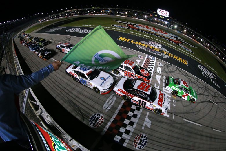 FORT WORTH, TEXAS - NOVEMBER 02: Tyler Reddick, driver of the #2 Alsco Chevrolet, and Harrison Burton, driver of the #18 DEX Imaging Toyota, lead the field to the green flag to start the NASCAR Xfinity Series O'Reilly Auto Parts 300 at Texas Motor Speedway on November 02, 2019 in Fort Worth, Texas. (Photo by Sean Gardner/Getty Images) | Getty Images