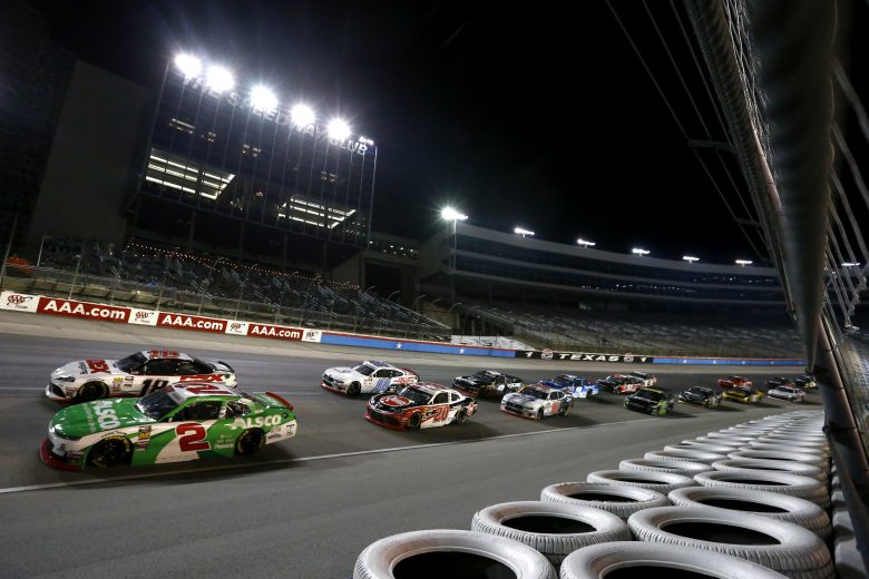 FORT WORTH, TEXAS - NOVEMBER 02: Tyler Reddick, driver of the #2 Alsco Chevrolet, and Harrison Burton, driver of the #18 DEX Imaging Toyota, lead the field at the start of the NASCAR Xfinity Series O'Reilly Auto Parts 300 at Texas Motor Speedway on November 02, 2019 in Fort Worth, Texas. (Photo by Jonathan Ferrey/Getty Images) | Getty Images