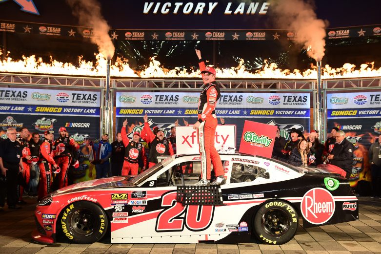 FORT WORTH, TEXAS - NOVEMBER 02: Christopher Bell, driver of the #20 Rheem Toyota, celebrates in Victory Lane after winning the NASCAR Xfinity Series O'Reilly Auto Parts 300 at Texas Motor Speedway on November 02, 2019 in Fort Worth, Texas. (Photo by Jared C. Tilton/Getty Images) | Getty Images