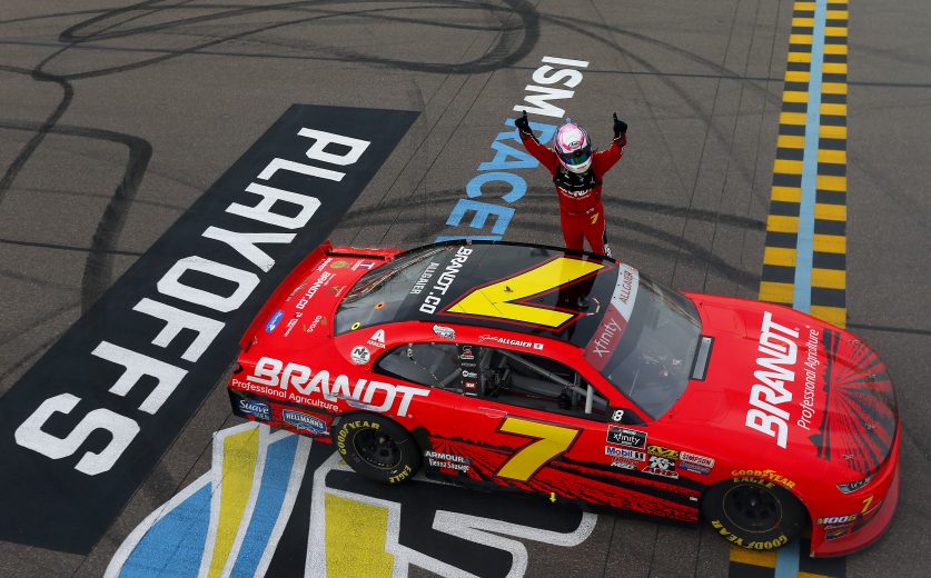 AVONDALE, ARIZONA - NOVEMBER 09: Justin Allgaier, driver of the #7 BRANDT Professional Agriculture Chevrolet, celebrates his victory during the NASCAR Xfinity Series Desert Diamond Casino West Valley 200 at ISM Raceway on November 09, 2019 in Avondale, Arizona. (Photo by Jonathan Ferrey/Getty Images) | Getty Images