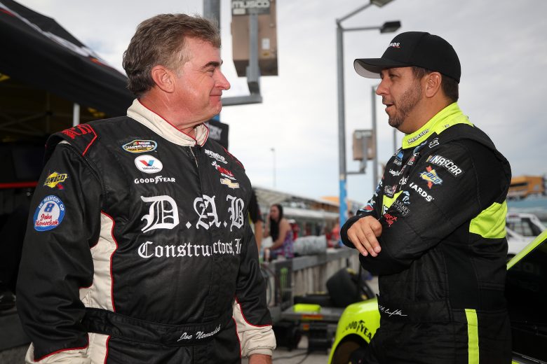 HOMESTEAD, FLORIDA - NOVEMBER 15: Joe Nemechek, driver of the #8 Fire Alarm Services/Fleetwing Chevrolet, talks with Matt Crafton, driver of the #88 Jack Links/Menards Ford, during practice for the NASCAR Gander Outdoors Truck Series Ford EcoBoost200 at Homestead-Miami Speedway on November 15, 2019 in Homestead, Florida. (Photo by Chris Graythen/Getty Images) | Getty Images