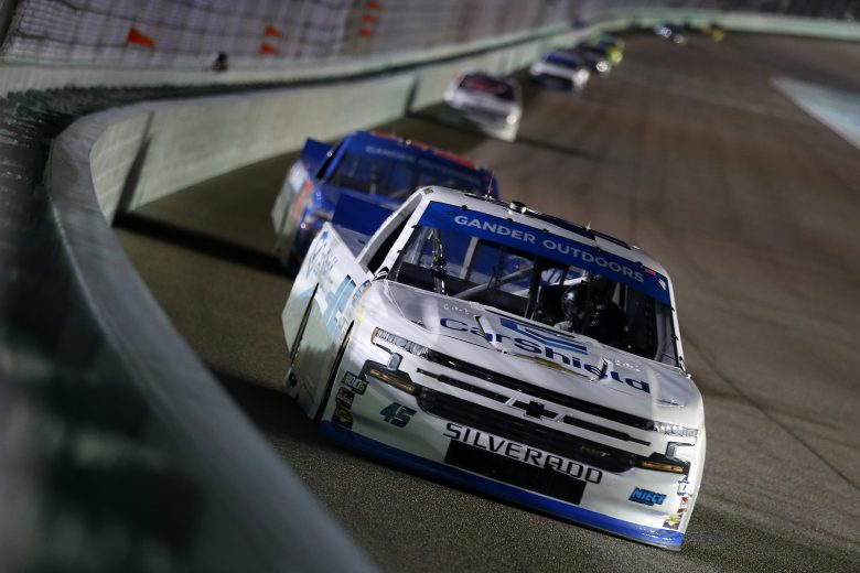 HOMESTEAD, FLORIDA - NOVEMBER 15: Ross Chastain, driver of the #45 CarShield Chevrolet, leads a pack of trucks during the NASCAR Gander Outdoors Truck Series Ford EcoBoost 200 at Homestead-Miami Speedway on November 15, 2019 in Homestead, Florida. (Photo by Brian Lawdermilk/Getty Images) | Getty Images