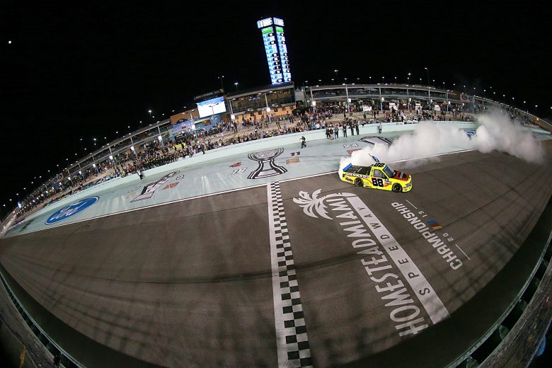 HOMESTEAD, FLORIDA - NOVEMBER 15: Matt Crafton, driver of the #88 Jack Links/Menards Ford, celebrates with a burnout after winning the NASCAR Gander Outdoors Truck Series Championship at Homestead-Miami Speedway on November 15, 2019 in Homestead, Florida. (Photo by Sean Gardner/Getty Images) | Getty Images