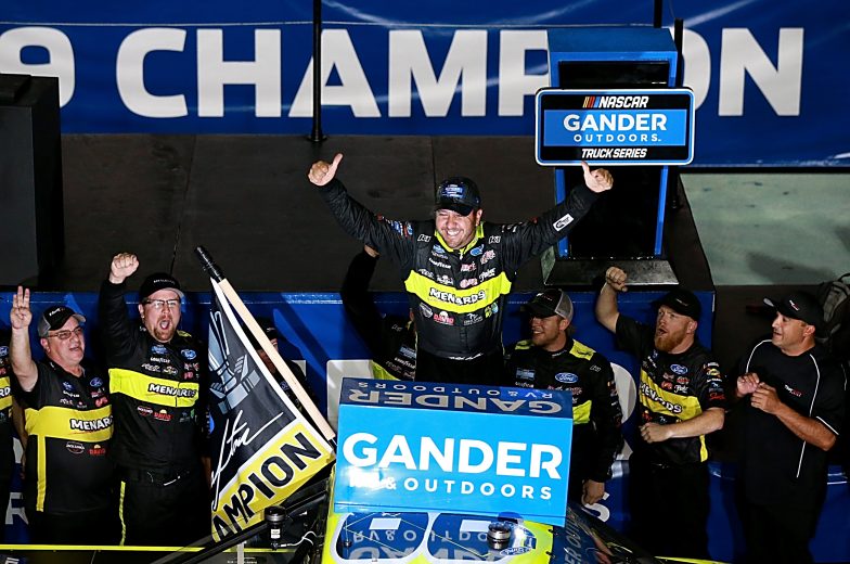 HOMESTEAD, FLORIDA - NOVEMBER 15: Matt Crafton, driver of the #88 Jack Links/Menards Ford, celebrates in Victory Lane after winning the NASCAR Gander Outdoors Truck Series Ford EcoBoost 200 at Homestead-Miami Speedway on November 15, 2019 in Homestead, Florida. (Photo by Sean Gardner/Getty Images) | Getty Images