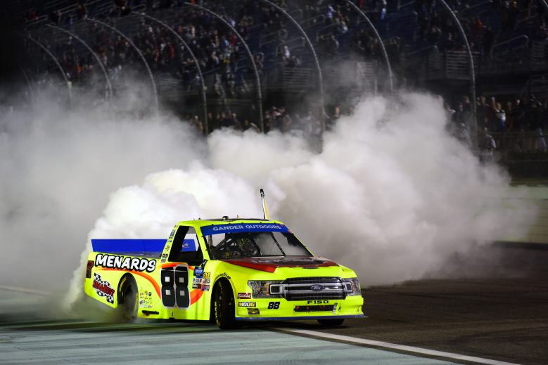 HOMESTEAD, FLORIDA - NOVEMBER 15: Matt Crafton, driver of the #88 Jack Links/Menards Ford, celebrates with a burnout after winning the NASCAR Gander Outdoors Truck Series Championship at Homestead-Miami Speedway on November 15, 2019 in Homestead, Florida. (Photo by Jared C. Tilton/Getty Images) | Getty Images
