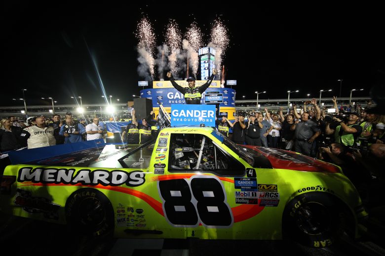 HOMESTEAD, FLORIDA - NOVEMBER 15: Matt Crafton, driver of the #88 Jack Links/Menards Ford, celebrates winning the NASCAR Gander Outdoors Truck Series Championship at Homestead-Miami Speedway on November 15, 2019 in Homestead, Florida. (Photo by Chris Graythen/Getty Images) | Getty Images