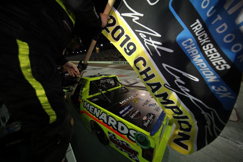 HOMESTEAD, FLORIDA - NOVEMBER 15: Matt Crafton, driver of the #88 Jack Links/Menards Ford, celebrates winning the NASCAR Gander Outdoors Truck Series Championship at Homestead-Miami Speedway on November 15, 2019 in Homestead, Florida. (Photo by Chris Graythen/Getty Images) | Getty Images