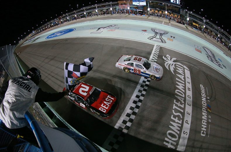 HOMESTEAD, FLORIDA - NOVEMBER 16: Tyler Reddick, driver of the #2 Tame the Beast Chevrolet,  wins the NASCAR Xfinity Series Championship and Landon Cassill, driver of the #89 Visone RV Chevrolet, wins the NASCAR Xfinity Series Ford EcoBoost 300 at Homestead-Miami Speedway on November 16, 2019 in Homestead, Florida. (Photo by Sean Gardner/Getty Images) | Getty Images
