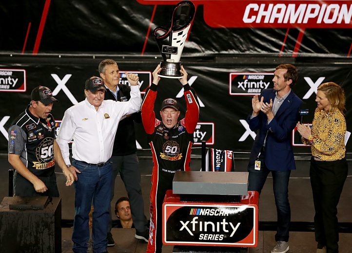 HOMESTEAD, FLORIDA - NOVEMBER 16: Tyler Reddick, driver of the #2 Tame the Beast Chevrolet, celebrates winning the NASCAR Xfinity Series Championship after the NASCAR Xfinity Series Ford EcoBoost 300 at Homestead-Miami Speedway on November 16, 2019 in Homestead, Florida. (Photo by Sean Gardner/Getty Images) | Getty Images