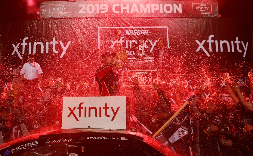 HOMESTEAD, FLORIDA - NOVEMBER 16: Tyler Reddick, driver of the #2 Tame the Beast Chevrolet, celebrates in Victory Lane after winning the NASCAR Xfinity Series Ford EcoBoost 300 and the NASCAR Xfinity Series Championship at Homestead-Miami Speedway on November 16, 2019 in Homestead, Florida. (Photo by Jonathan Ferrey/Getty Images) | Getty Images