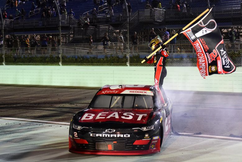 HOMESTEAD, FLORIDA - NOVEMBER 16: Tyler Reddick, driver of the #2 Tame the Beast Chevrolet, celebrates after winning the NASCAR Xfinity Series Ford EcoBoost 300 and the NASCAR Xfinity Series Championship at Homestead-Miami Speedway on November 16, 2019 in Homestead, Florida. (Photo by Jared C. Tilton/Getty Images) | Getty Images
