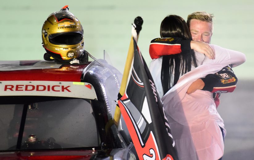 HOMESTEAD, FLORIDA - NOVEMBER 16: Tyler Reddick, driver of the #2 Tame the Beast Chevrolet, celebrates with his girlfriend, Alexa De Leon, after winning the NASCAR Xfinity Series Ford EcoBoost 300 and the NASCAR Xfinity Series Championship at Homestead-Miami Speedway on November 16, 2019 in Homestead, Florida. (Photo by Jared C. Tilton/Getty Images) | Getty Images