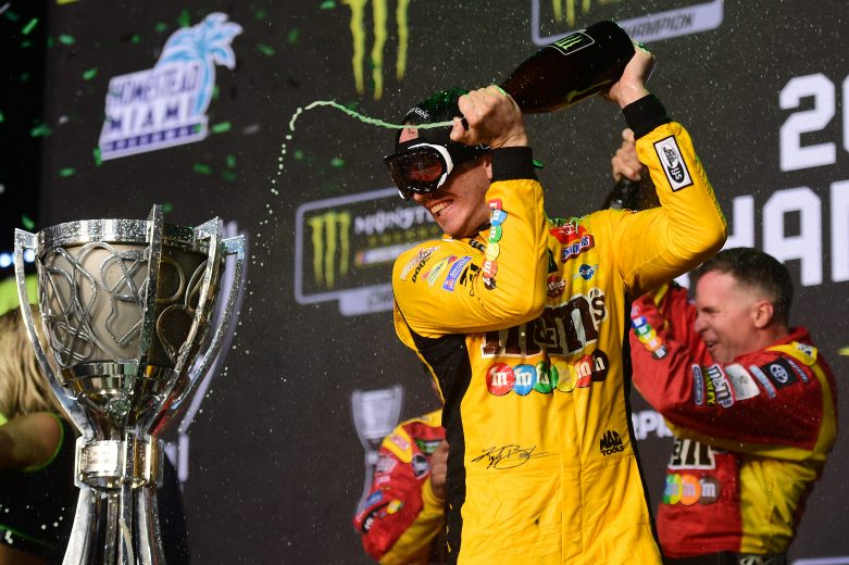 HOMESTEAD, FLORIDA - NOVEMBER 17: Kyle Busch, driver of the #18 M&M's Toyota, celebrates in Victory Lane after winning the Monster Energy NASCAR Cup Series Ford EcoBoost 400 and the Monster Energy NASCAR Cup Series Championship at Homestead Speedway on November 17, 2019 in Homestead, Florida. (Photo by Jared C. Tilton/Getty Images) | Getty Images