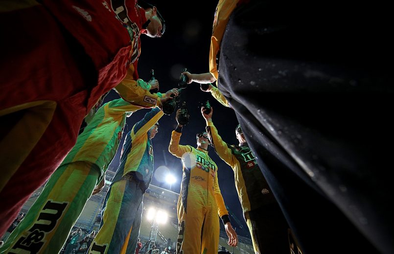 HOMESTEAD, FLORIDA - NOVEMBER 17: Kyle Busch, driver of the #18 M&M's Toyota, and crew celebrate in Victory Lane after winning the Monster Energy NASCAR Cup Series Championship and the Monster Energy NASCAR Cup Series Ford EcoBoost 400 at Homestead Speedway on November 17, 2019 in Homestead, Florida. (Photo by Chris Graythen/Getty Images) | Getty Images