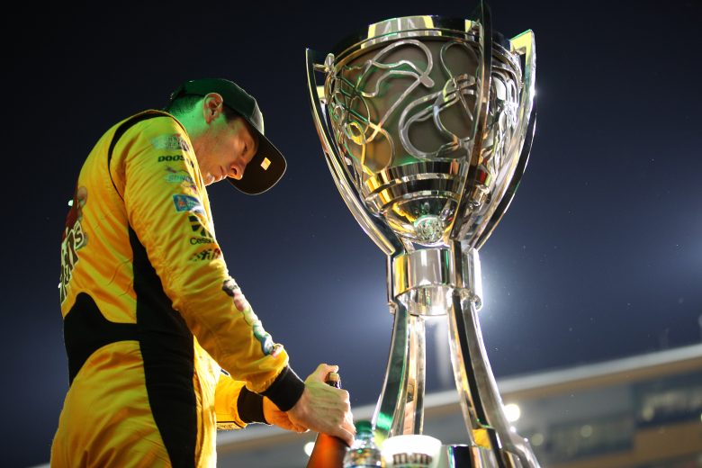 HOMESTEAD, FLORIDA - NOVEMBER 17: Kyle Busch, driver of the #18 M&M's Toyota, celebrates in Victory Lane after winning the Monster Energy NASCAR Cup Series Ford EcoBoost 400 and the Monster Energy NASCAR Cup Series Championship at Homestead Speedway on November 17, 2019 in Homestead, Florida. (Photo by Chris Graythen/Getty Images) | Getty Images