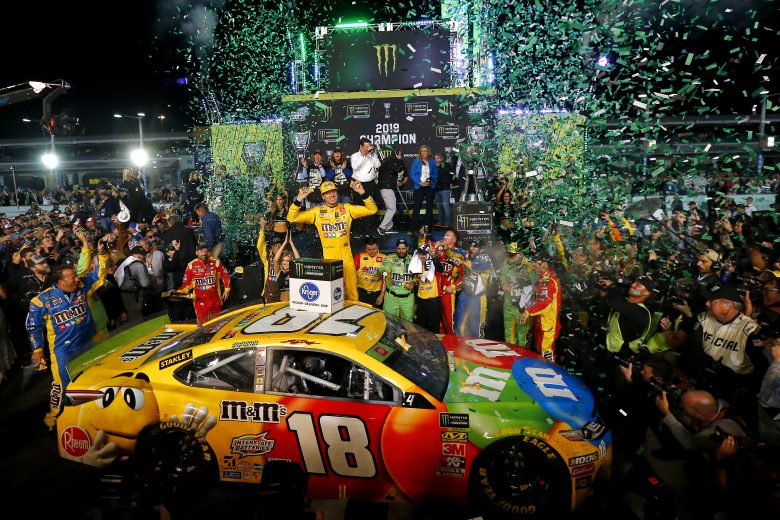 HOMESTEAD, FLORIDA - NOVEMBER 17: Kyle Busch, driver of the #18 M&M's Toyota, celebrates in Victory Lane after winning the Monster Energy NASCAR Cup Series Ford EcoBoost 400 and the Monster Energy NASCAR Cup Series Championship at Homestead Speedway on November 17, 2019 in Homestead, Florida. (Photo by Jonathan Ferrey/Getty Images) | Getty Images
