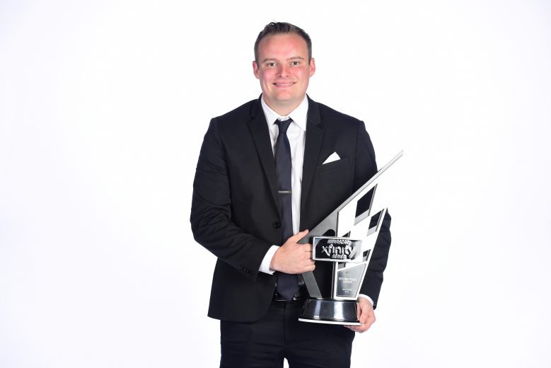 CHARLOTTE, NORTH CAROLINA - NOVEMBER 22: Cole Custer, NASCAR Xfinity Series driver, poses with the second place trophy during the NASCAR Xfinity Series and NASCAR Gander Outdoors Truck Series Championship Banquet at Charlotte Convention Center on November 22, 2019 in Charlotte, North Carolina. (Photo by Jared C. Tilton/Getty Images) | Getty Images