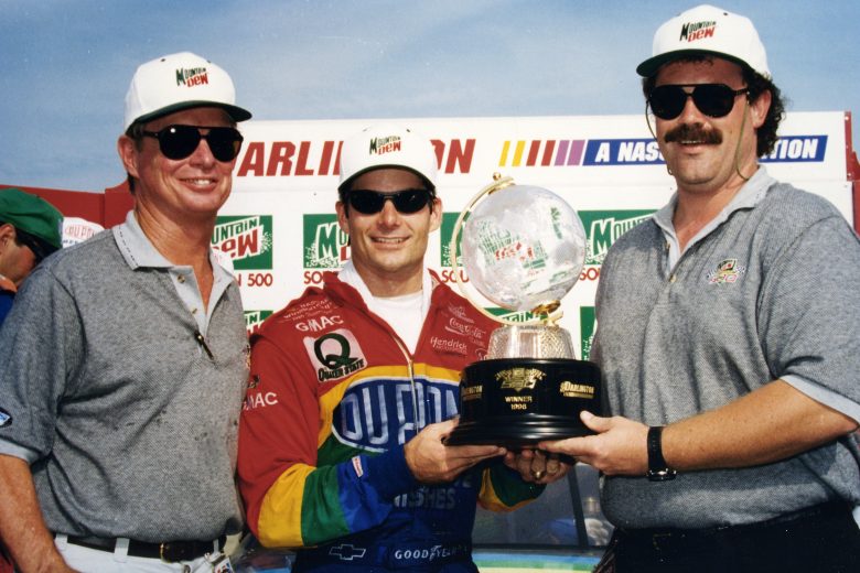 DARLINGTON, SC - SEPTEMBER 1, 1996: Jeff Gordon, winner of last year’s Mountain Dew 500 and the Spring TranSouth 400 this year at Darlington Raceway, managed to lasso the Dew event again. (Photo by ISC Images & Archives via Getty Images)