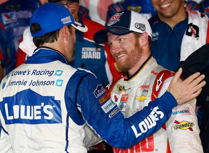 DAYTONA BEACH, FL - FEBRUARY 23: Dale Earnhardt Jr., driver of the #88 National Guard Chevrolet, celebrates in Victory Lane with Jimmie Johnson, driver of the #48 Lowe's Chevrolet, after winning the NASCAR Sprint Cup Series Daytona 500 at Daytona International Speedway on February 23, 2014 in Daytona Beach, Florida. (Photo by Tom Pennington/Getty Images) | Getty Images