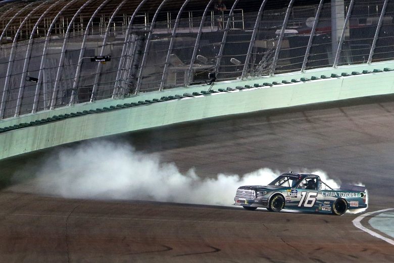 HOMESTEAD, FLORIDA - NOVEMBER 15: Austin Hill, driver of the #16 Chiba Toyopet Toyota, celebrates with a burnout after winning the NASCAR Gander Outdoors Truck Series Ford EcoBoost 200 at Homestead-Miami Speedway on November 15, 2019 in Homestead, Florida. (Photo by Brian Lawdermilk/Getty Images) | Getty Images