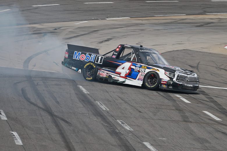 MARTINSVILLE, VIRGINIA - OCTOBER 26: Todd Gilliland, driver of the #4 Mobil 1 Toyota, celebrates with a burnout after winning the NASCAR Gander Outdoor Truck Series NASCAR Hall of Fame 200 at Martinsville Speedway on October 26, 2019 in Martinsville, Virginia. (Photo by Matt Sullivan/Getty Images) | Getty Images