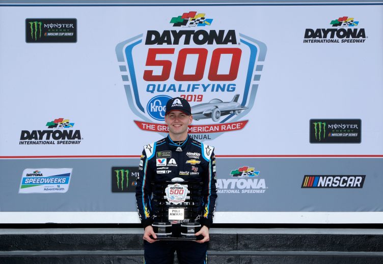 DAYTONA BEACH, FL - FEBRUARY 10:  William Byron, driver of the #24 Axalta Chevrolet, poses for a photo after winning the pole award during qualifying for the Monster Energy NASCAR Cup Series 61st Annual Daytona 500 at Daytona International Speedway on February 10, 2019 in Daytona Beach, Florida.  (Photo by Jonathan Ferrey/Getty Images) | Getty Images