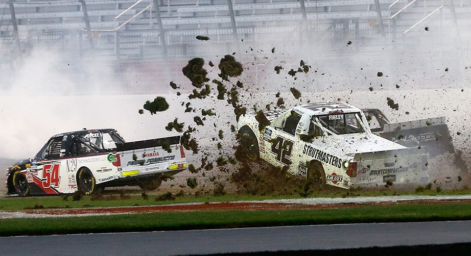 HAMPTON, GA - FEBRUARY 23: Chad Finley, driver of the #42 AutoValueCrtfdSrvcCntrs/AirLftCmpny Chevrolet, crashes during the NASCAR Gander Outdoors Truck Series Ultimate Tailgating 200 at Atlanta Motor Speedway on February 23, 2019 in Hampton, Georgia. (Photo by Brian Lawdermilk/Getty Images) | Getty Images