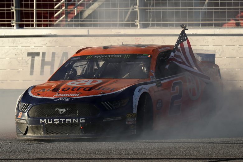 HAMPTON, GA - FEBRUARY 24:  Brad Keselowski, driver of the #2 Autotrader Ford, celebrates with a burnout after winning the Monster Energy NASCAR Cup Series Folds of Honor QuikTrip 500 at Atlanta Motor Speedway on February 24, 2019 in Hampton, Georgia.  (Photo by Chris Graythen/Getty Images) | Getty Images