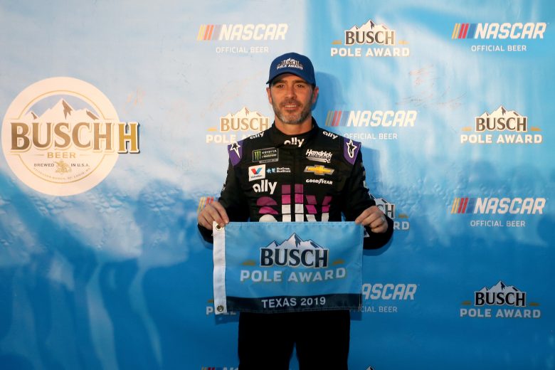 FORT WORTH, TX - MARCH 29:  Jimmie Johnson, driver of the #48 Ally Chevrolet, celebrates after winning the pole award for the Monster Energy NASCAR Cup Series O'Reilly Auto Parts 500 at Texas Motor Speedway on March 29, 2019 in Fort Worth, Texas.  (Photo by Brian Lawdermilk/Getty Images) | Getty Images