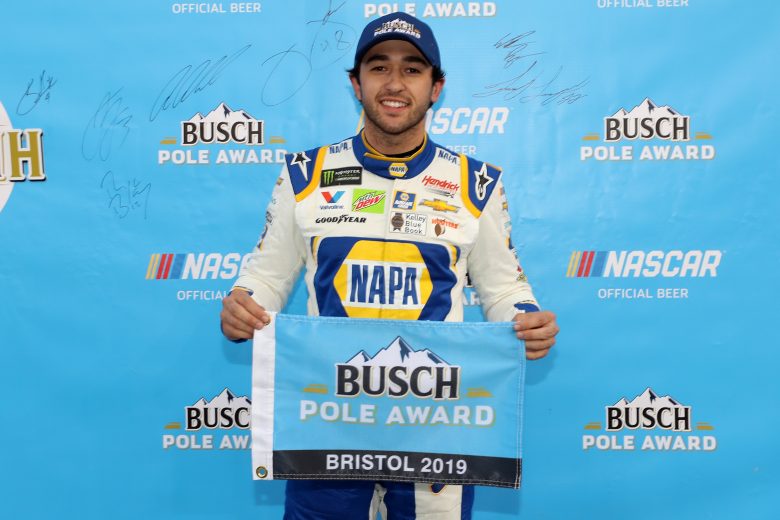 BRISTOL, TN - APRIL 05:  Chase Elliott, driver of the #9 NAPA Auto Parts Chevrolet, poses with the Busch Pole Award after posting the fastest lap during qualifying for the Monster Energy NASCAR Cup Series Food City 500 at Bristol Motor Speedway on April 5, 2019 in Bristol, Tennessee.  (Photo by Chris Graythen/Getty Images) | Getty Images