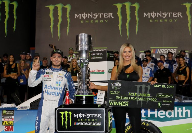 CHARLOTTE, NORTH CAROLINA - MAY 18: Kyle Larson, driver of the #42 Advent Health Chevrolet, celebrates in Victory Lane after winning the Monster Energy NASCAR Cup Series All-Star Race at Charlotte Motor Speedway on May 18, 2019 in Charlotte, North Carolina. (Photo by Streeter Lecka/Getty Images) | Getty Images