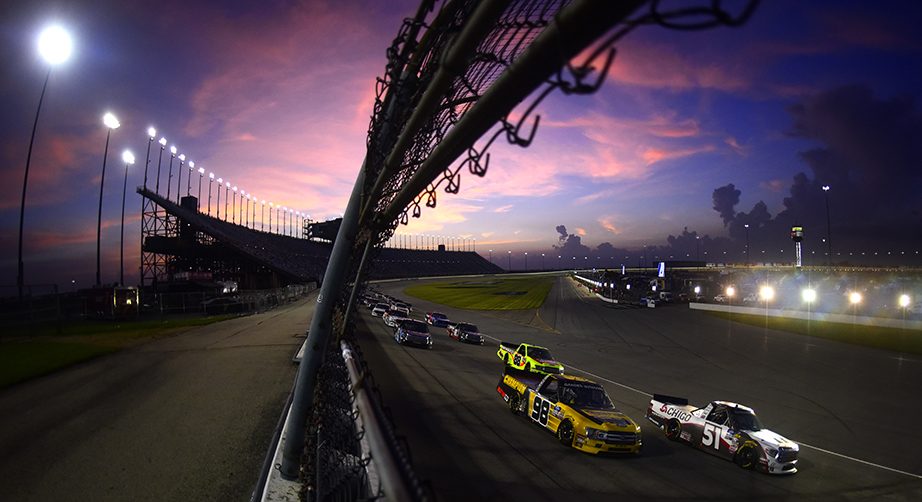JOLIET, ILLINOIS - JUNE 28: Grant Enfinger, driver of the #98 Champion Power Equipment Ford, and Brandon Jones, driver of the #51 Chigo/Menards Toyota, lead a pack of trucks during the NASCAR Gander Outdoors Truck Series Camping World 225 at Chicagoland Speedway on June 28, 2019 in Joliet, Illinois. (Photo by Jared C. Tilton/Getty Images) | Getty Images