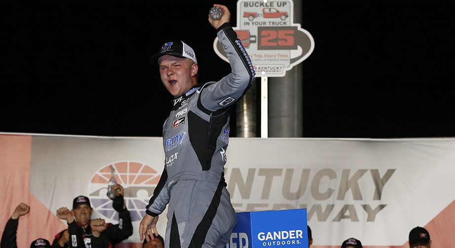 SPARTA, KENTUCKY - JULY 11: Tyler Ankrum, driver of the #17 Acadmey Sports Outdoors/RAILBLAZA Toyota, celebrates in Victory Lane after winning the NASCAR Gander Outdoor Truck Series Buckle Up In Your Truck 225 at Kentucky Speedway on July 11, 2019 in Sparta, Kentucky. (Photo by Brian Lawdermilk/Getty Images) | Getty Images