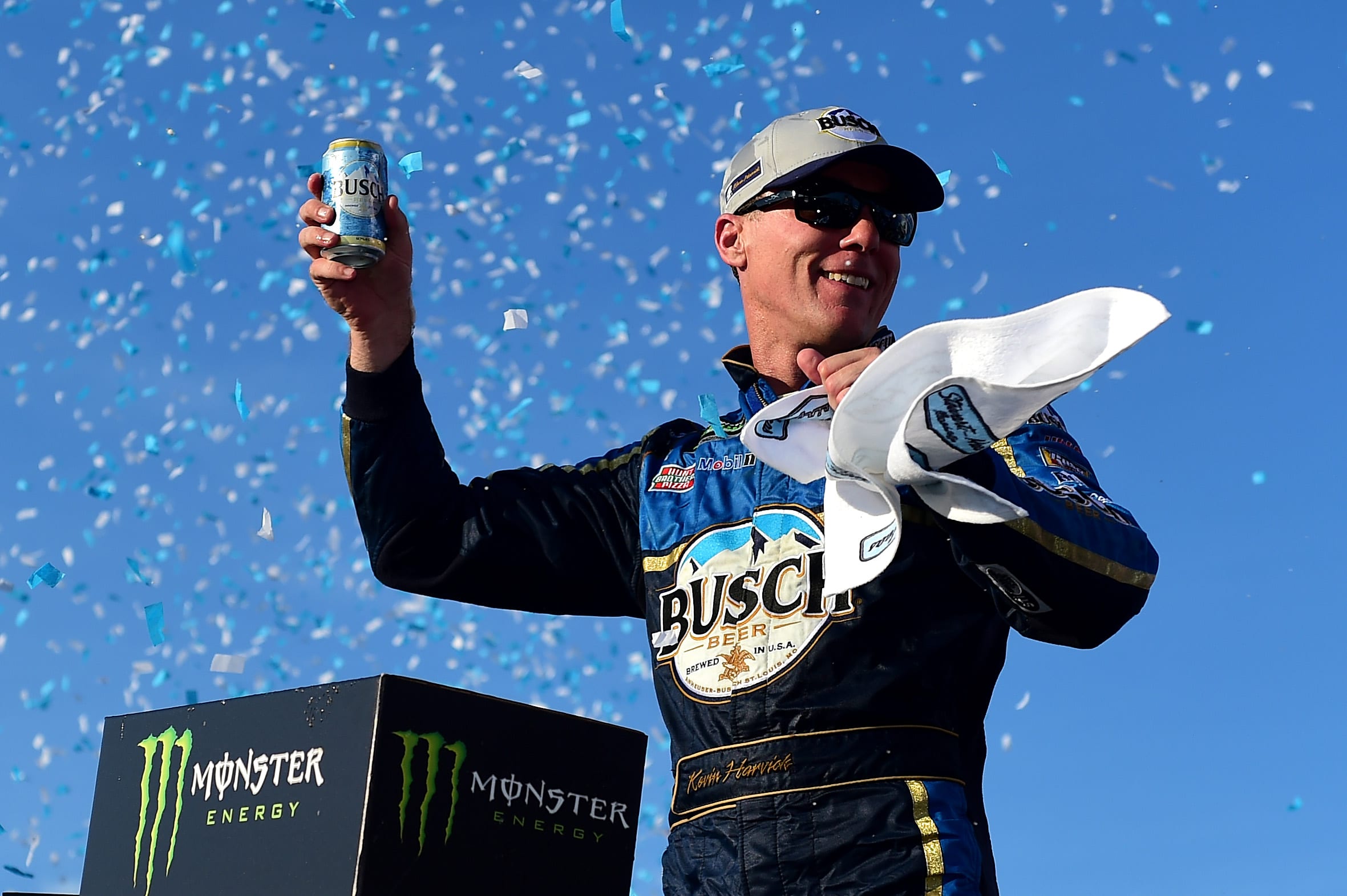 LOUDON, NEW HAMPSHIRE - JULY 21: Kevin Harvick, driver of the #4 Busch Beer/National Forest Foundation Ford, celebrates in Victory Lane after winning the Monster Energy NASCAR Cup Series Foxwoods Resort Casino 301 at New Hampshire Motor Speedway on July 21, 2019 in Loudon, New Hampshire. (Photo by Jared C. Tilton/Getty Images) | Getty Images