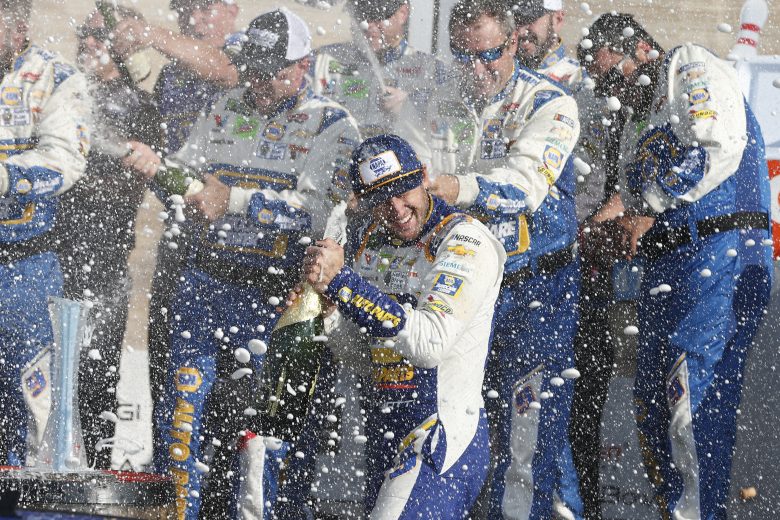 WATKINS GLEN, NEW YORK - AUGUST 04: Chase Elliott, driver of the #9 NAPA AUTO PARTS Chevrolet, celebrates with crew members in Victory Lane after winning the Monster Energy NASCAR Cup Series Go Bowling at The Glen at Watkins Glen International on August 04, 2019 in Watkins Glen, New York. (Photo by Brian Lawdermilk/Getty Images) | Getty Images
