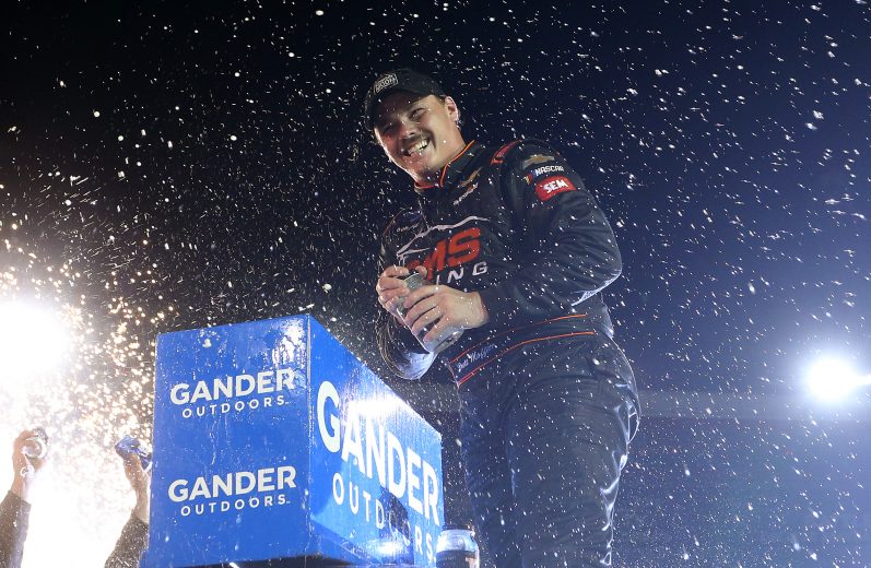 BRISTOL, TENNESSEE - AUGUST 15: Brett Moffitt, driver of the #24 Midnight Moon Moonshine Chevrolet, celebrates in victory lane after winning the NASCAR Gander Outdoor Truck Series UNOH 200 presented by Ohio Logistics at Bristol Motor Speedway on August 15, 2019 in Bristol, Tennessee. (Photo by Brian Lawdermilk/Getty Images) | Getty Images