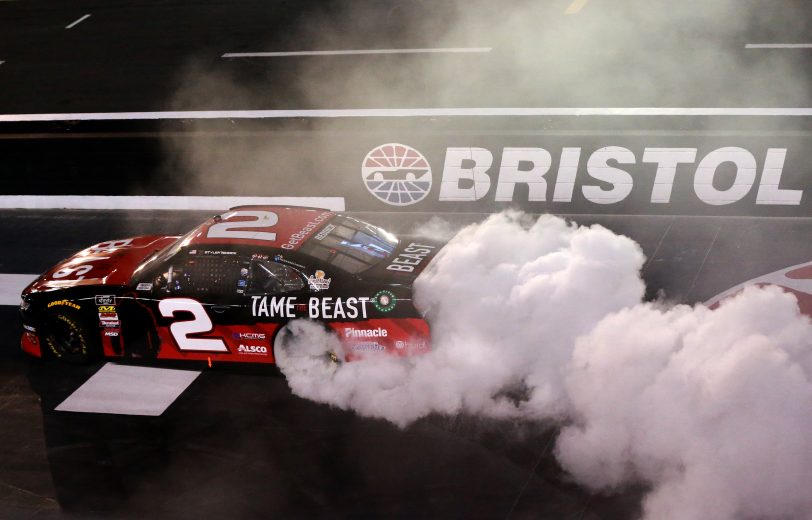 BRISTOL, TENNESSEE - AUGUST 16: Tyler Reddick, driver of the #2 Tame the BEAST Chevrolet, celebrates with a burnout after winning the NASCAR Xfinity Series Food City 300 at Bristol Motor Speedway on August 16, 2019 in Bristol, Tennessee. (Photo by Sean Gardner/Getty Images) | Getty Images
