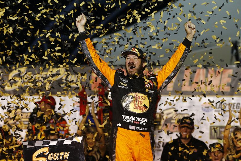 LAS VEGAS, NEVADA - SEPTEMBER 15: Martin Truex Jr., driver of the #19 Bass Pro Shops Toyota, celebrates in victory lane after winning the Monster Energy NASCAR Cup Series South Point 400 at Las Vegas Motor Speedway on September 15, 2019 in Las Vegas, Nevada. (Photo by Jonathan Ferrey/Getty Images) | Getty Images